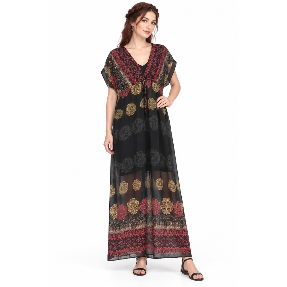 Sheer Chiffon Maxi Dress S Black Red Gold Empire Tie Boho Whimsigoth Romantic